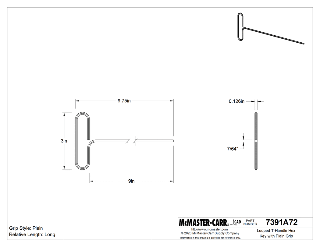 Technical Drawing of Looped T-Handle Hex Key with Plain Grip, 7/64" Drive Size, 9-3/4" Overall Length.